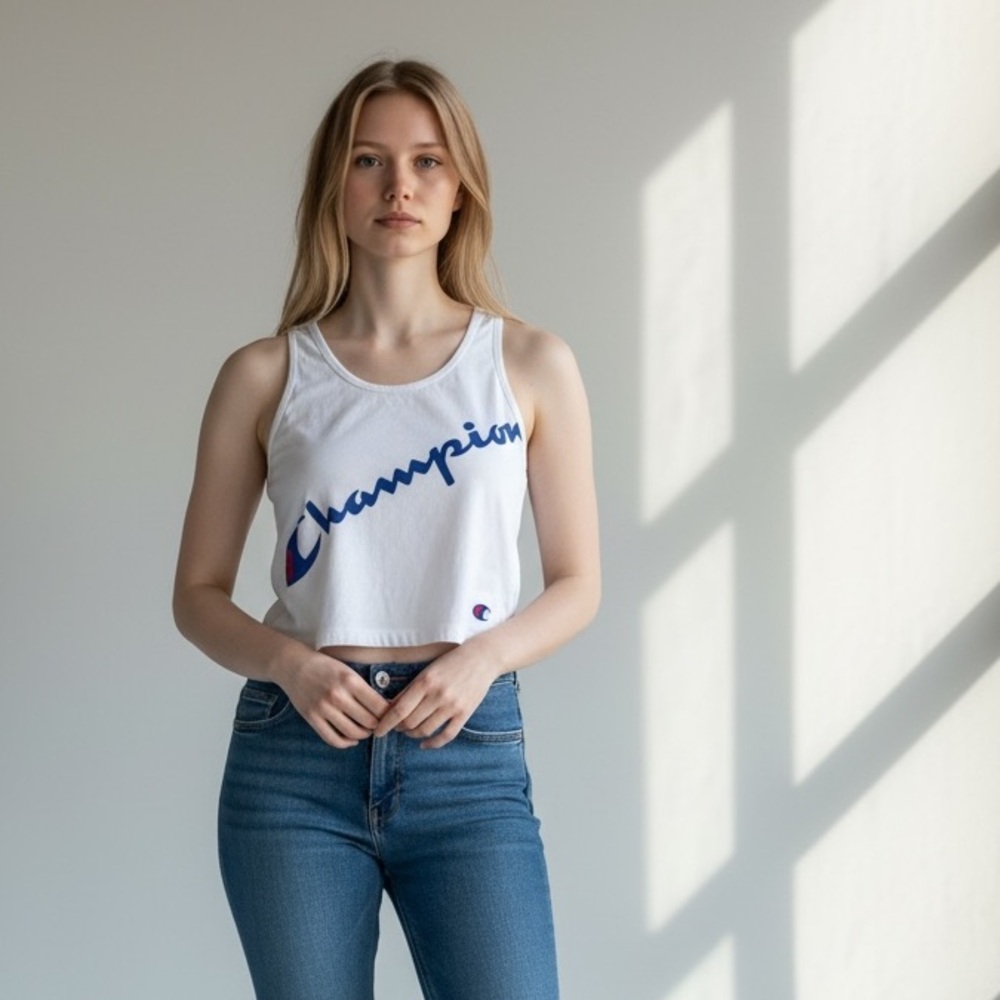 Champion Women's White and Blue Athletic Crop Top Tank